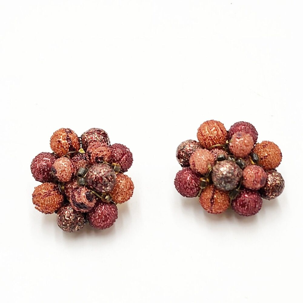Vintage Hong Kong Burnt Orange Cranberry Autumn Fall Colors Sugar Beads Earrings